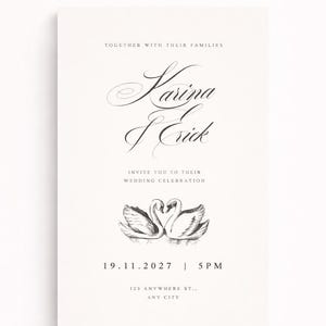 May include: A wedding invitation with the names "Karina & Erick" in elegant script. The invitation includes the date, time, and location, along with a drawing of two swans. The text "Buy, Edit, Download" is at the top.