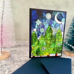 Stained Glass Winter Wonderland Holiday Card – Nighttime Forest Scene with Snowflakes -- Christmas Card -- New Years Card