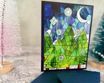 Stained Glass Winter Wonderland Holiday Card – Nighttime Forest Scene with Snowflakes -- Christmas Card -- New Years Card