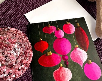 Illustrated Festive Pink Baubles on Evergreen - Pack of 10 Holiday Cards, includes envelopes/ Christmas / Winter / Greeting Cards / Card Set