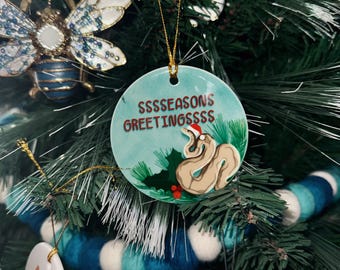 Ceramic Ball Python Christmas Ornament, Seasons Greetings Holiday Snake with Seasonal Greenery, Artist Designed