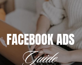 Könnte beinhalten: Ein Laptop mit dem Text "FACEBOOK ADS Guide" ist geöffnet, Hände tippen auf der Tastatur. Der Text "LEARN HOW TO SET UP ADS THAT MAKE SALES STEP BY STEP" befindet sich am unteren Rand des Bildes.