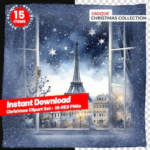 Christmas Clipart Collection - 15 High-Quality PNGs, Cityscape Christmas Winter Windows | Toronto, Paris Commercial Use, Card Making