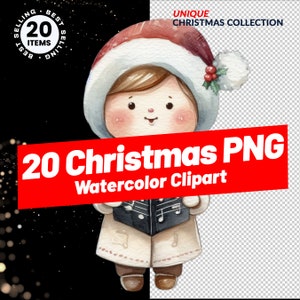 20 Cute Christmas Carolers Watercolor Clipart PNG, Xmas Clipart for Commercial Use, Digital Instant Download