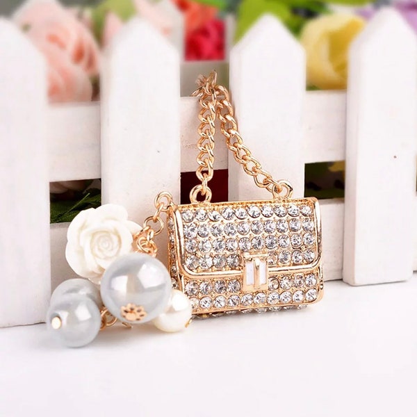 Hand Bag Fashion Diamond Crystals Gold Plated Home Key Ring Accessory - Luxury Velvet Gift Bag Key Chain - for fans of