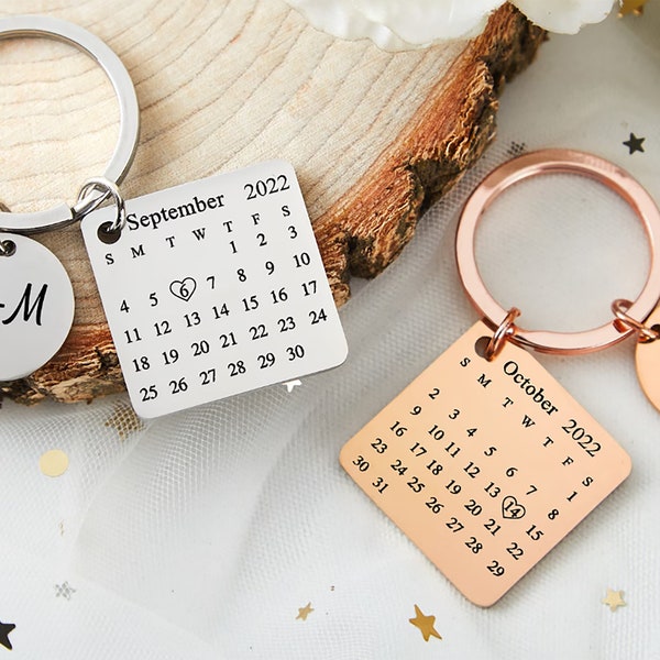 Porte-clés avec calendrier personnalisé, Porte-clés avec calendrier gravé, Porte-clés avec calendrier spécial, Porte-clés pour couples, Cadeau d'anniversaire pour mari