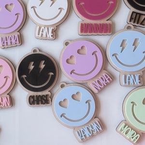 Smiley face name tag, backpack tags, luggage tags, easter backet tags, custom name acrylic keychain, keychains, lunchbox tag, name keychain
