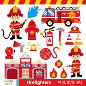 Puede incluir: Un conjunto de ilustraciones de clipart con temática de bomberos en rojo y amarillo. El conjunto incluye un camión de bomberos, una boca de incendios, un bombero, una manguera de incendios, un extintor de incendios, un hacha, una alarma de incendios, una estación de bomberos y un sombrero de bombero. El texto "Firefighters" está incluido en la imagen.