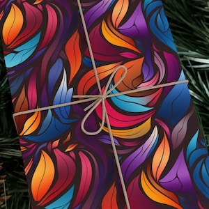 Purple Gift Wrap Psychedelic Waves and Leaves Gift Wrapping Paper Vibrant Abstract Weave Design Purple Lilac and Golden Yellow Rainbow Paper