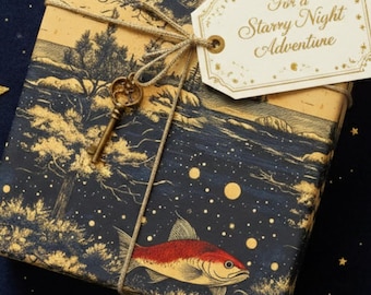 Papier cadeau vintage à motifs de poissons : vie marine, papier d'emballage nautique, carpes koï