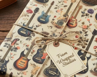 Vintage Guitar Floral Wrapping Paper, Rock Music Gift Wrap, Acoustic & Electric, Music Lover Paper