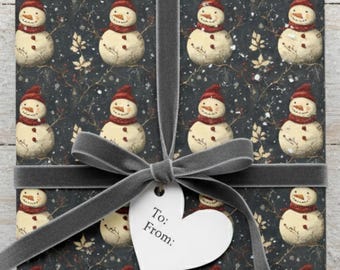 Vintage Snowman Christmas Wrapping Paper Roll: Dark Winter Berry Gift Wrap