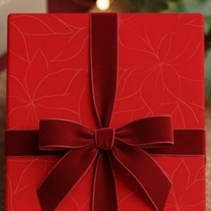 May include: A red gift box with a velvet ribbon and bow, adorned with a subtle floral pattern. The box is surrounded by festive decorations, including holly, ornaments, and twinkling lights, creating a holiday theme.