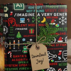 May include: A wrapped gift box with a black background and a repeating pattern of Christmas-themed icons and text in red and white. The gift is tied with twine and a tag that reads "Download Joy!" A sprig of greenery adds a festive touch.
