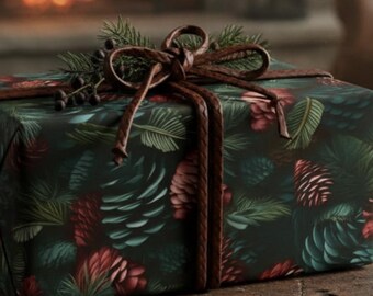 Christmas Pine Cone Evergreen Wrapping Paper Roll, Masculine Gift Wrap