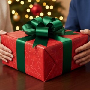 May include: A red gift box with a green ribbon and bow is being exchanged. The box is wrapped in red paper with a subtle pattern. A Christmas tree with lights and ornaments is in the background.