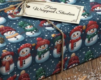 Christmas Snowman Wrapping Paper Roll, Festive Winter Gift Wrap, Dark Blue Snowflakes