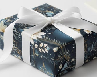 Navy Blue Floral Christmas Wrapping Paper: Elegant Holiday Gift Wrap