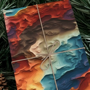 Vibrant Topographical Map Gift Wrapping Paper Rainbow Abstract Art Design Blue Orange Palette Earthy Background Perfect for All Gift Types