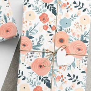 Spring Flower Gift Wrapping Paper Pink Blue Flowers Leaves Watercolor Floral Gift Wrap