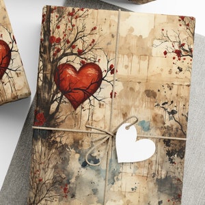 Vintage Heart Wrapping Paper Love Tree Gift Wrap Romantic Floral Paper Artistic Parchment Valentine Day Wrap Unique Lover Paper Tree Branch