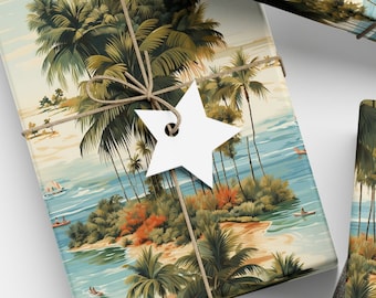 Tropical Paradise Beach Wrapping Paper Serene Beach Palm Trees Crystal Clear Water Gift Wrap Beach Paper Nautical Coast Tropical Vibe Summer