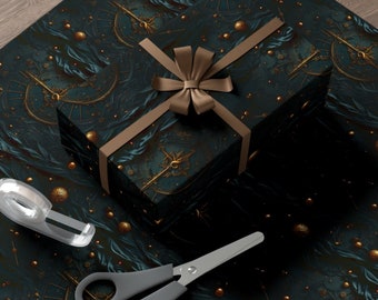 Gold and Black Wrapping Paper Elegant Clock Symmetrical Design Decorative Timepieces Elegant and Sophisticated Dark Formal Black Gift Wrap