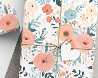 Floral Gift Wrapping Paper Pink Blue Flowers Leaves Watercolor Vintage Ornament Delicate Detail Petals Intricate Design Peach Easter Wrap