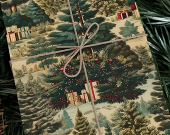 Vintage Christmas Wrapping Paper Retro Style Joyful Holiday Gift Wrap Festive Christmas Tree 1950s Beautiful Retro Christmas Gift Wrap Green