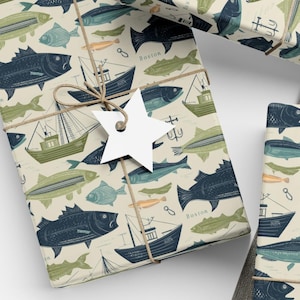Nautical Fish and Boats Wrapping Paper Ocean Gift Wrap Sea Life Blue Green Marine Theme Paper Perfect for Birthday Fathers Day Christmas