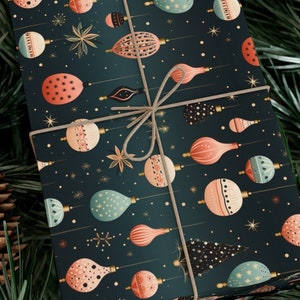 Christmas Wrapping Paper Abstract Ornaments Design Black Background Festive Gift Wrap Roll Cool Retro Bulbs Vintage Ornaments Xmas Tree