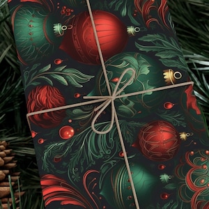 Elegante carta da regalo natalizia, ornamento festivo scuro, verde foresta, rotolo di carta da regalo, rosso, nero, carta da regalo, Natale, tradizionale