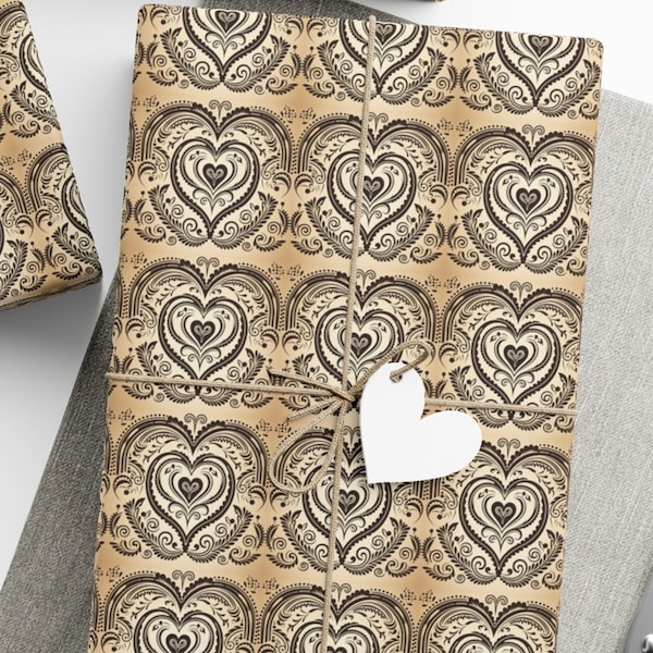 Sepia Heart Wrapping Paper Black Beige Symmetrical Patterns Heart Gift Wrap Tan Contrast Vibrant Birthday Holiday Thank You Valentine