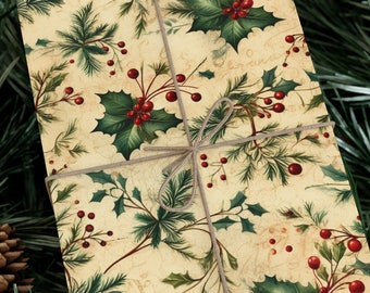 Vintage Holly Berry Wrapping Paper Realistic Leaves Red Berries Festive Christmas Design Parchment Antique Style Holiday Gift Wrap Roll