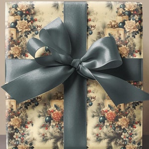 Vintage Christmas Wrapping Paper Sepia Floral Gift Wrap Ornament Wrapped Present Antique Paper Vintage Beige Holiday Gift Paper Retro Floral