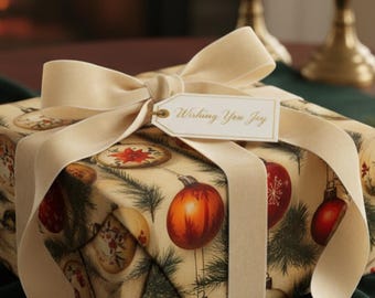 Vintage Christmas Ornament Wrapping Paper, Festive Holiday Bauble Beige Gift Wrap Roll