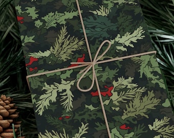 Cool Camo Pattern Gift Wrap Roll Lush Green Leaves Branches Wrapping Paper Black Background Red Green Camouflage Gift Wrap Hunter Gift Idea