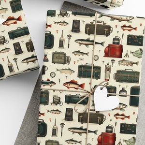 Fishing Trip Wrapping Paper Travel Fish Green Gift Wrap Suitcases Fishing Gear Luggage Pattern Wrap in Forest Green Beige Background