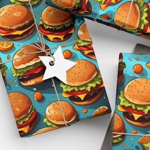 Delicious Burger Gift Wrapping Paper Juicy Cheeseburger Classic Hamburger Savory Patty Cheeseburger in Paradise Mouthwatering Food Gift Wrap
