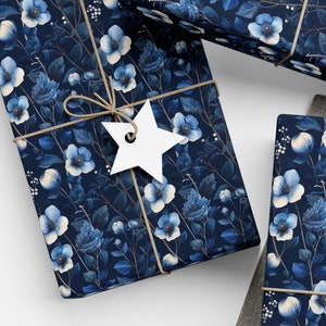 Blue Floral Wrapping Paper Botanical Gift Wrap Navy Flower Wedding Gift Wrap Blue Floral Paper Elegant Gift Wrap Anniversary Paper Roll