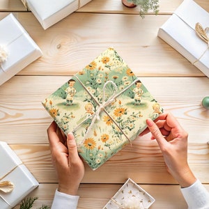 Vibrant Flower Abstract Wrapping Paper with Cartoon Children Gift Wrap Green Yellow Floral Field Vintage Design