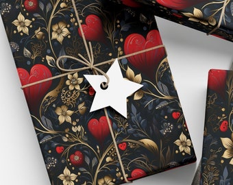 Papier cadeau élégant noir pour la Saint-Valentin, coeur, papier cadeau romantique doré à fleurs, coeur rouge, fleur, emballage cadeau d'anniversaire, Saint-Valentin romantique