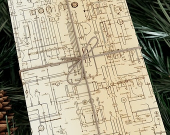 Technical Diagram Wrapping Paper: Vintage Engineering Map, Science Paper Roll