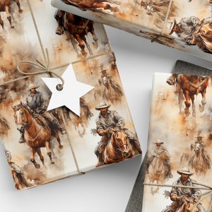 Carta da regalo per cowboy Carta da regalo per equitazione occidentale Ranching Acquerello Amante dei cavalli Confezione regalo Cattleman Rodeo Rancher Wrapping