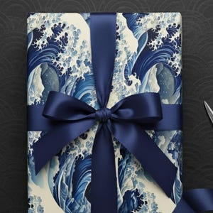 Japanese Great Wave Wrapping Paper Roll, Blue Ocean Art
