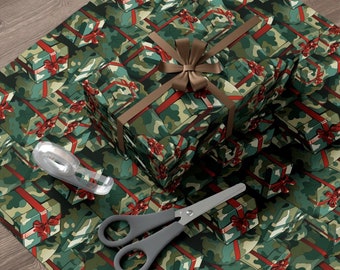 Cool Camo Presents Festive Gift Wrapping Paper Roll Colorful Green Camouflage Boxes Red Ribbons Bows Ideal for Hunters Birthdays Holidays