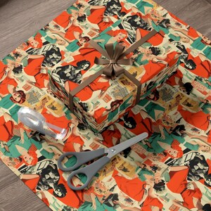 1950s Retro Fashion Gift Wrap Vibrant Women Collage Wrapping Paper Vintage Gift Wrap Orange Shirt Blue Dress Green Red Skirt Unique Cheerful
