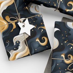Black Gold Swirl Gift Wrapping Paper Luxury Abstract Design Cool Dynamic Circles and Lines Awesome Mesmerizing Pattern Elegant Gift Wrap
