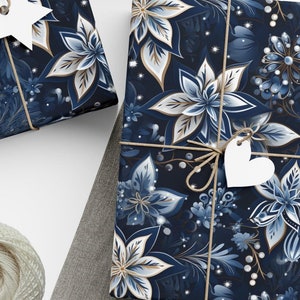 Blue Poinsettia Gift Wrap Christmas Wrapping Paper Blue White Floral Gift Wrapping Roll Xmas Flower Elegant Premium Holiday Paper Navy Blue