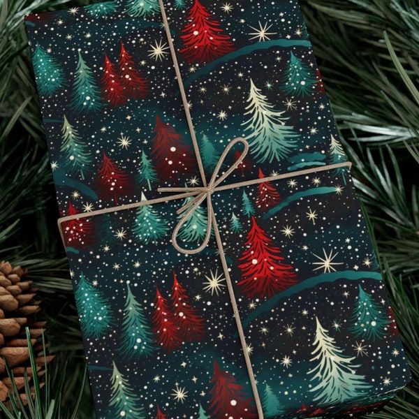 Festive Winter Wonderland Gift Wrap Snowy Trees Starbursts Christmas Wrapping Paper Forest Green Red Holiday Gift Wrap Cool Teal Christmas